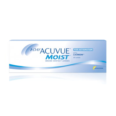 Lentes de contacto 1-Day Acuvue Moist para Astigmatismo con LACREON® – Visión clara y estable con hidratación duradera.